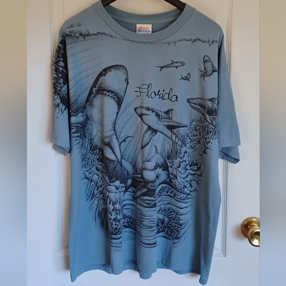 VINTAGE FLORIDA SOUVENIR T-SHIRT ALL-OVER DOUBLE-SIDED SHARKS/REEF BLUE-GRAY* XL